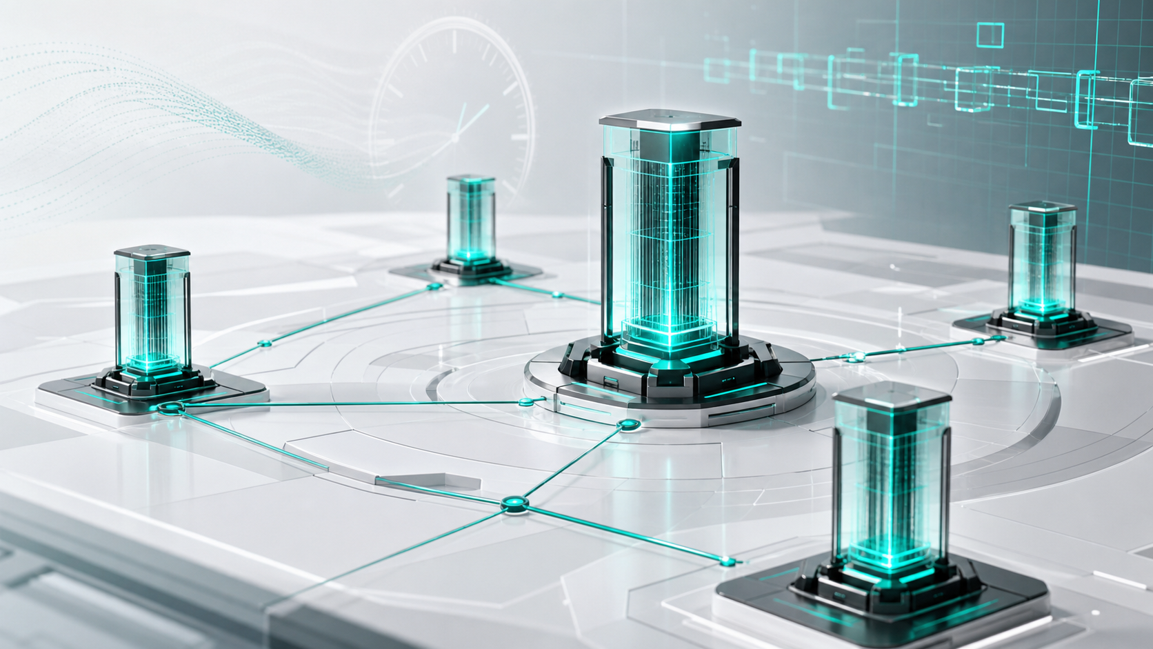Abstract ROKO validator pillars connected by teal network and time lines
